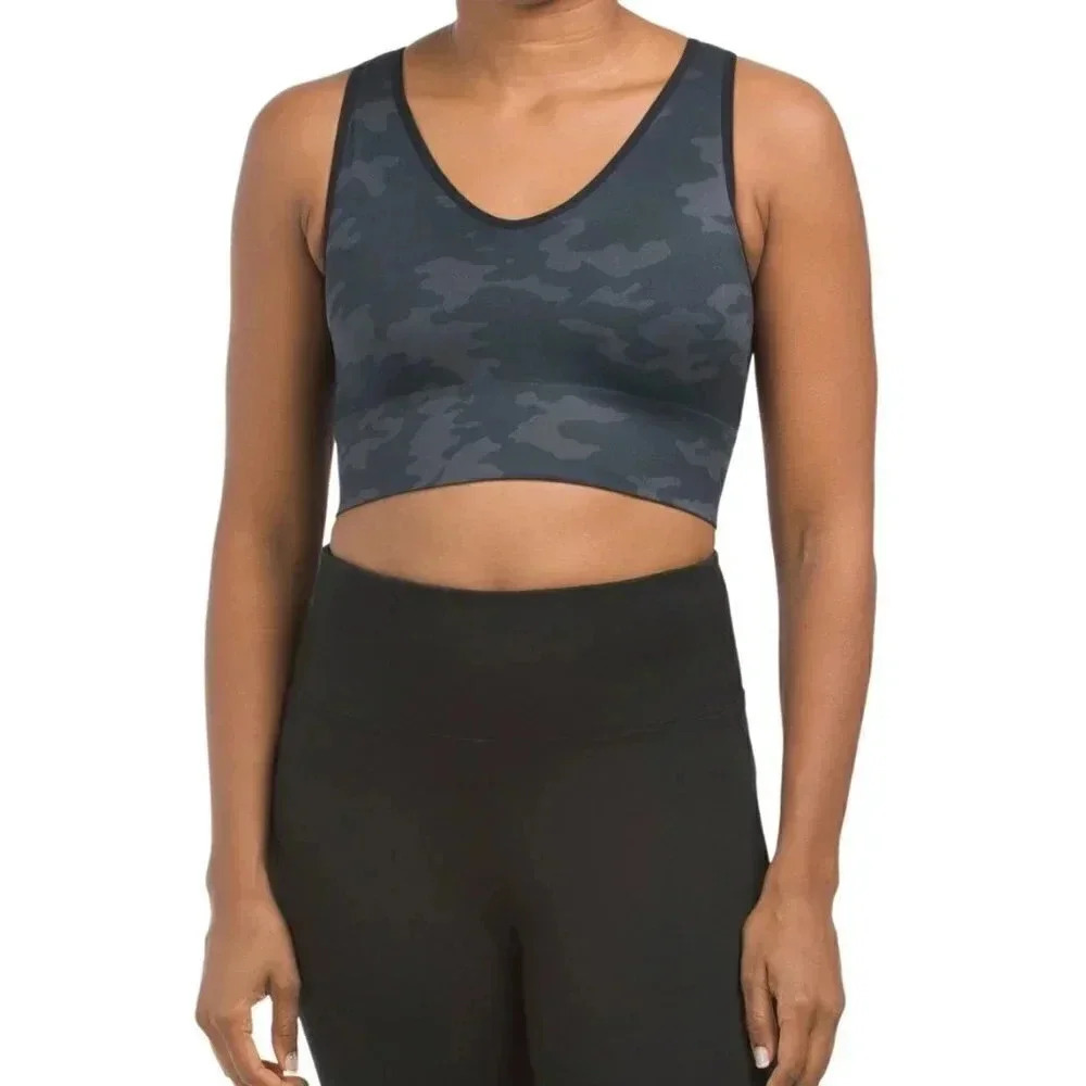 New Spanx Tank Top M Medium Cropped Camo Camouflage Sports Bra Active V Neck